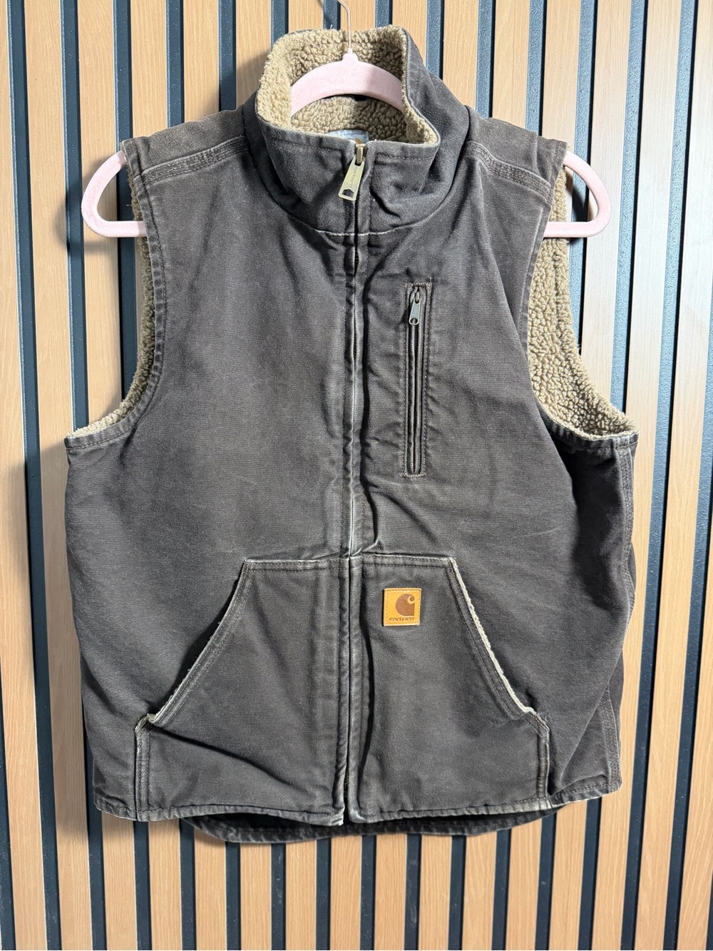 Vintage Carhartt Vest  Sherpa Lined Canvas Duck Work Zip brown V33 DLB size S